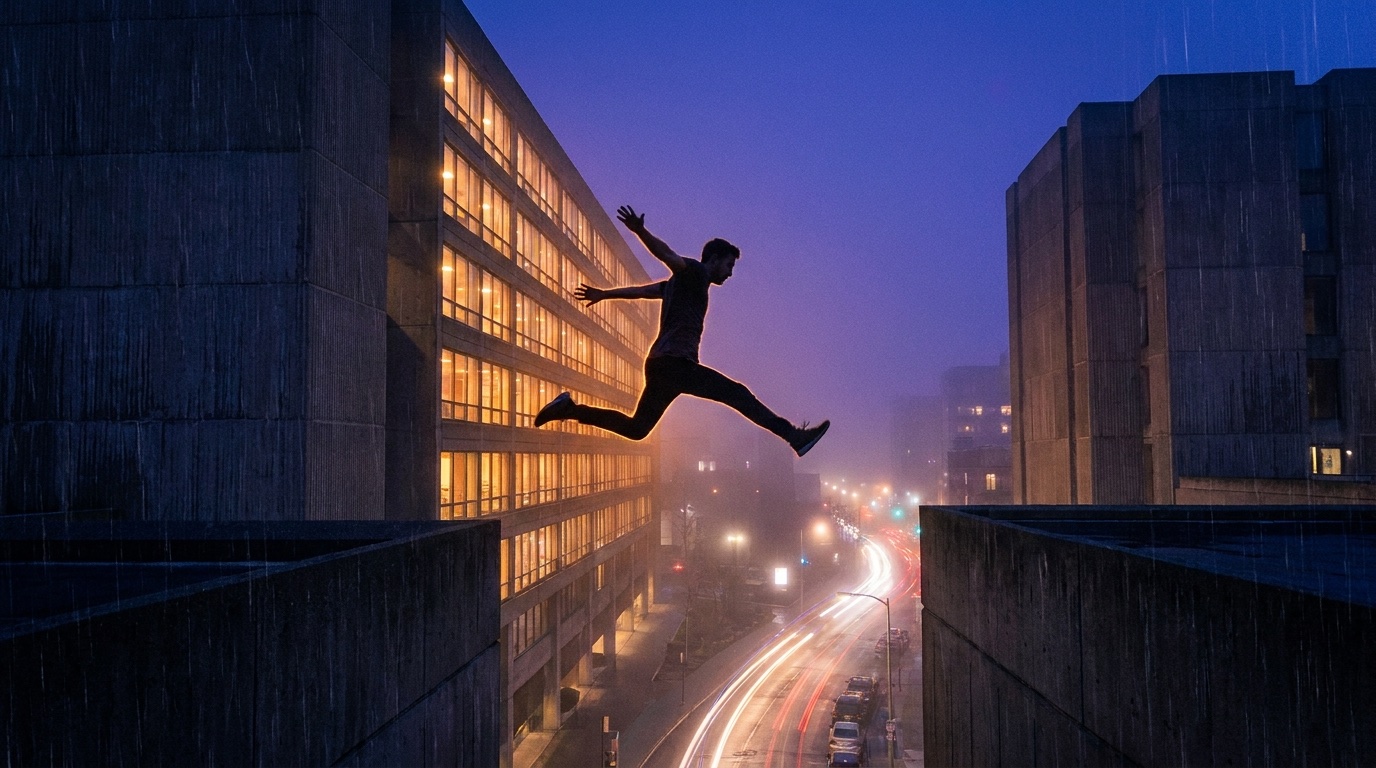 A free-runner mid-vault between brutalist rooftops at blue hour, rimmed in gold from lit windows below.