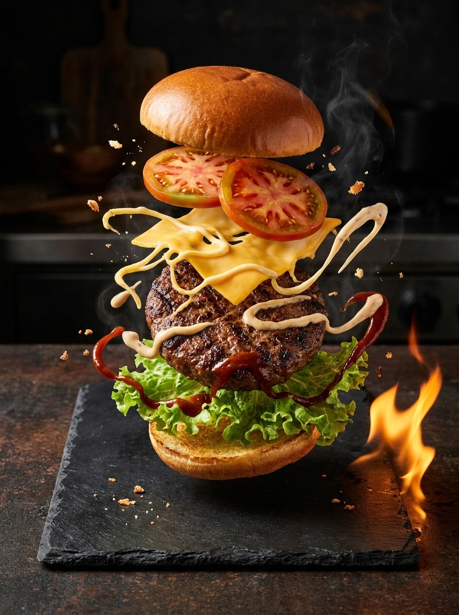 A gourmet burger assembling itself mid-air over dark slate, cheese pull stretching and flame licking the frame.