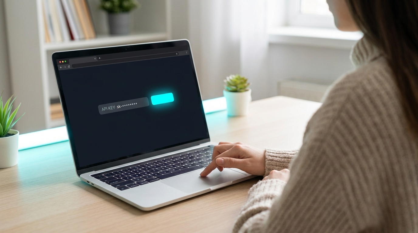 A woman at a laptop copying an API key from a provider dashboard, cyan copy button highlighted on screen.