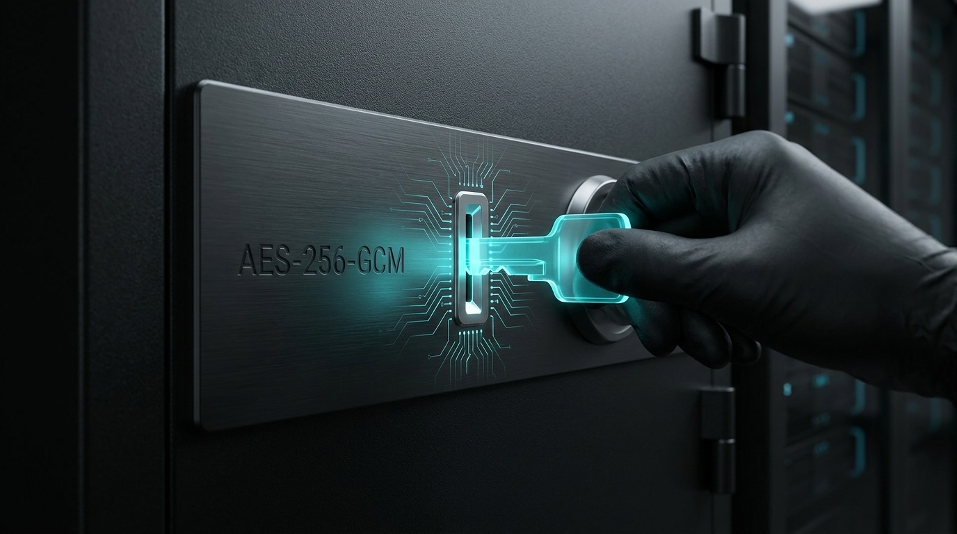 A glowing translucent key sliding into a matte-black vault slot engraved AES-256-GCM, circuit traces lighting up.