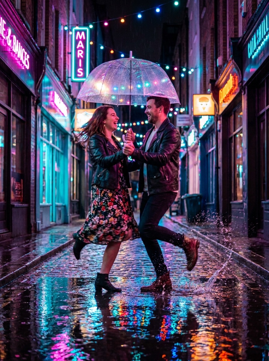A couple dancing in the rain in a neon-soaked alley, a kicked splash frozen mid-arc under a glowing umbrella.