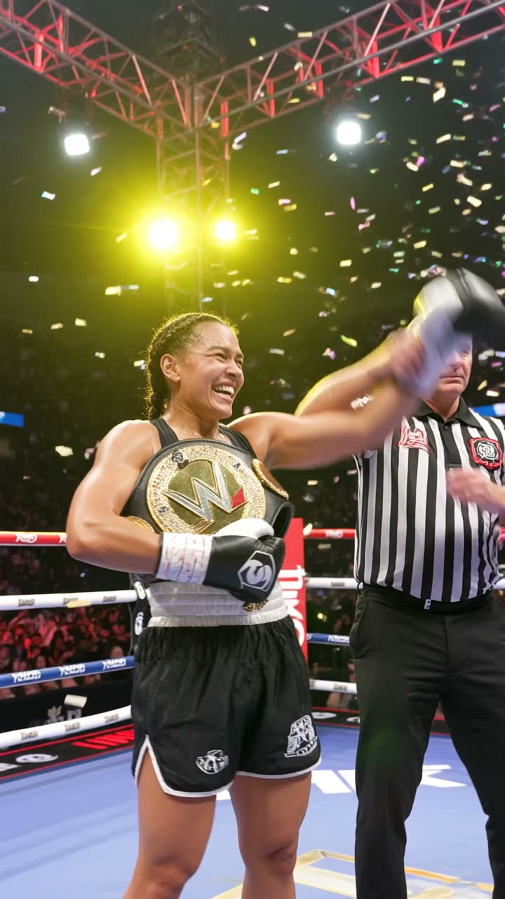 A boxer's glove raised in victory under golden stadium lights as confetti falls.