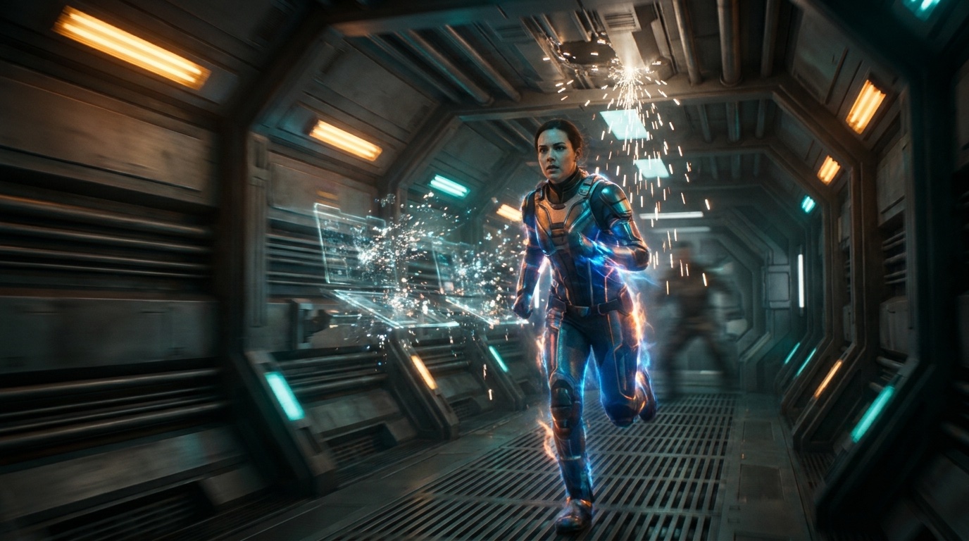 A pilot sprinting down a starship corridor as warning lights strobe and holograms shatter in her wake.